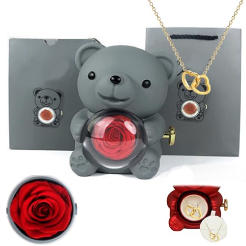 Preserved Real Rose & Bear Box with Heart Necklace