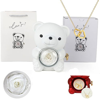 Preserved Real Rose & Bear Box with Heart Necklace