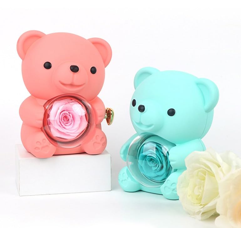 Preserved Real Rose & Bear Box with Heart Necklace