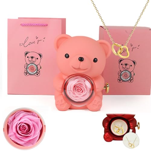 Preserved Real Rose & Bear Box with Heart Necklace