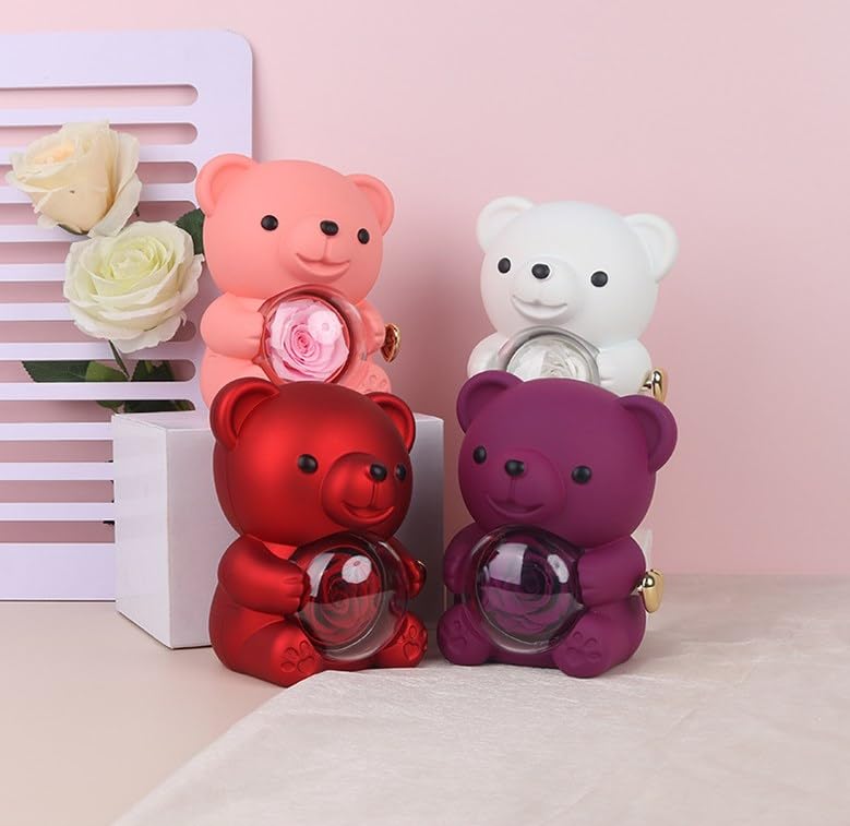 Preserved Real Rose & Bear Box with Heart Necklace