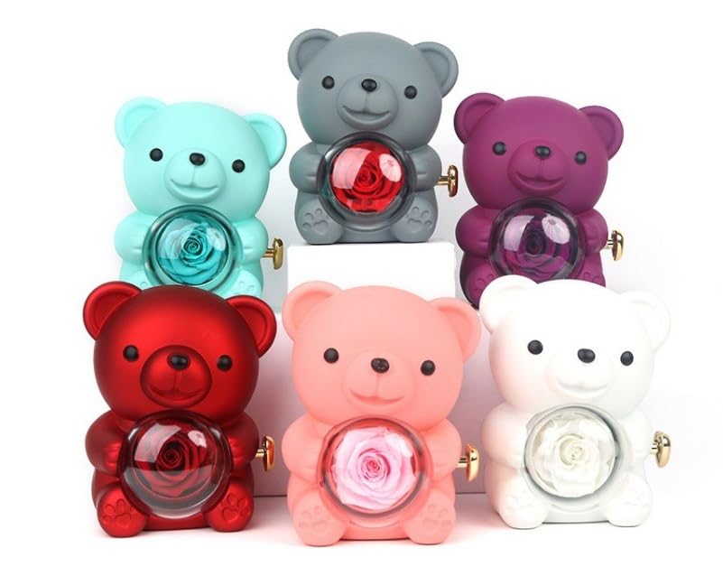 Preserved Real Rose & Bear Box with Heart Necklace