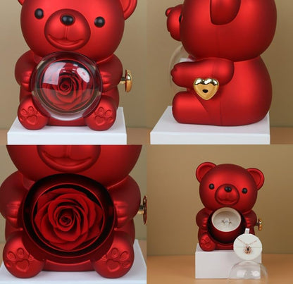 Preserved Real Rose & Bear Box with Heart Necklace