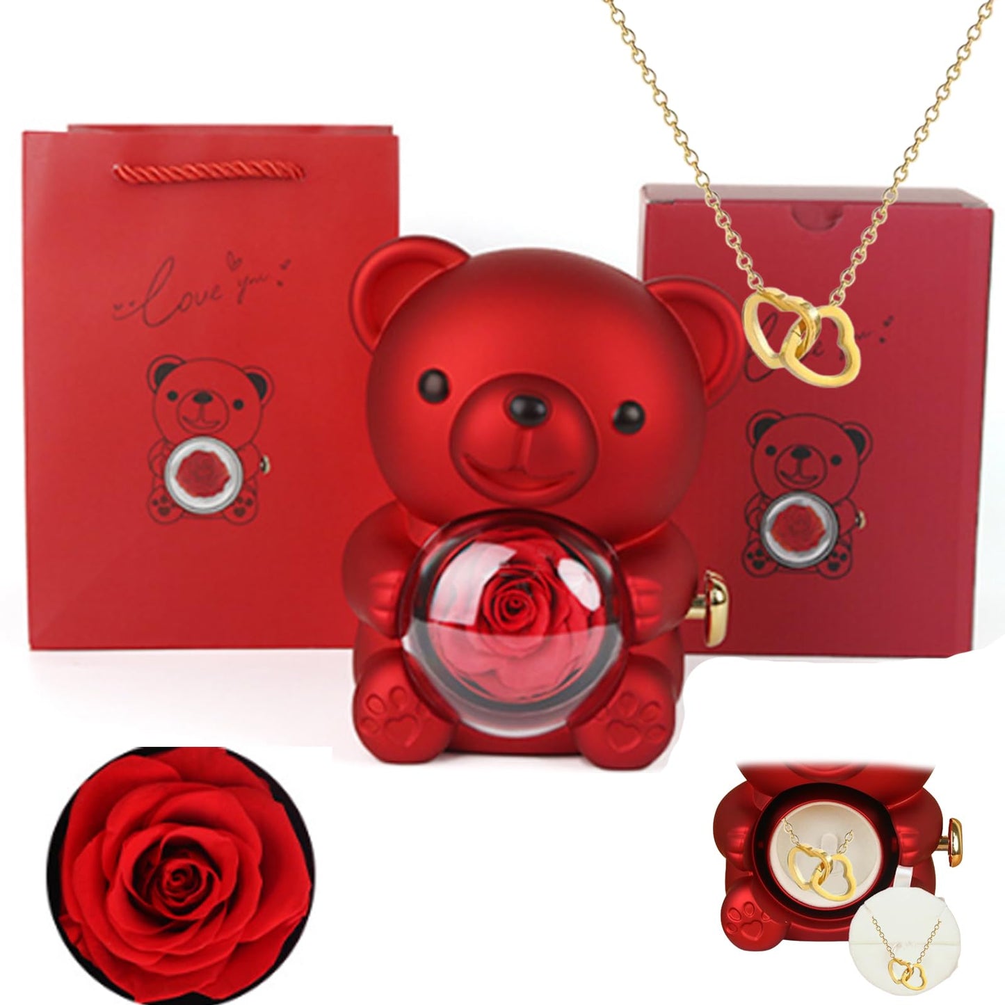 Preserved Real Rose & Bear Box with Heart Necklace