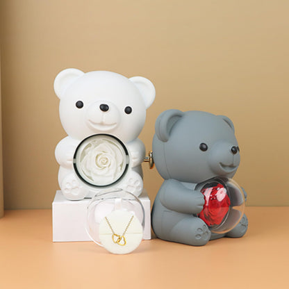 Preserved Real Rose & Bear Box with Heart Necklace