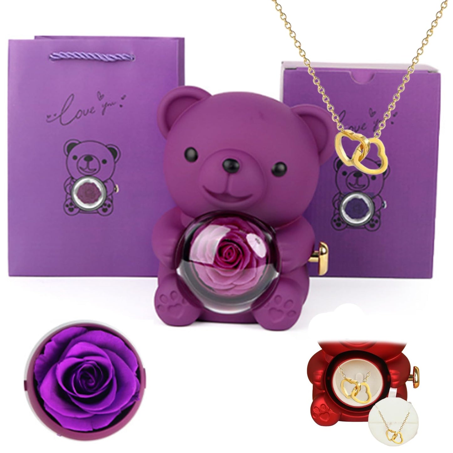 Preserved Real Rose & Bear Box with Heart Necklace