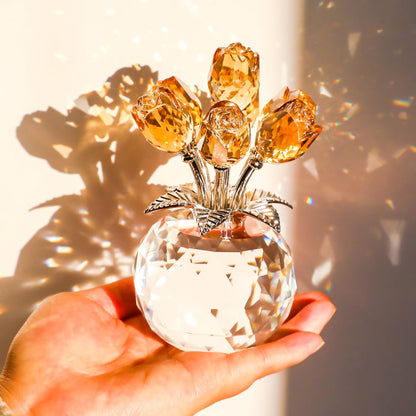 Crystal Blue Rose Flower Figurine with Round Vase