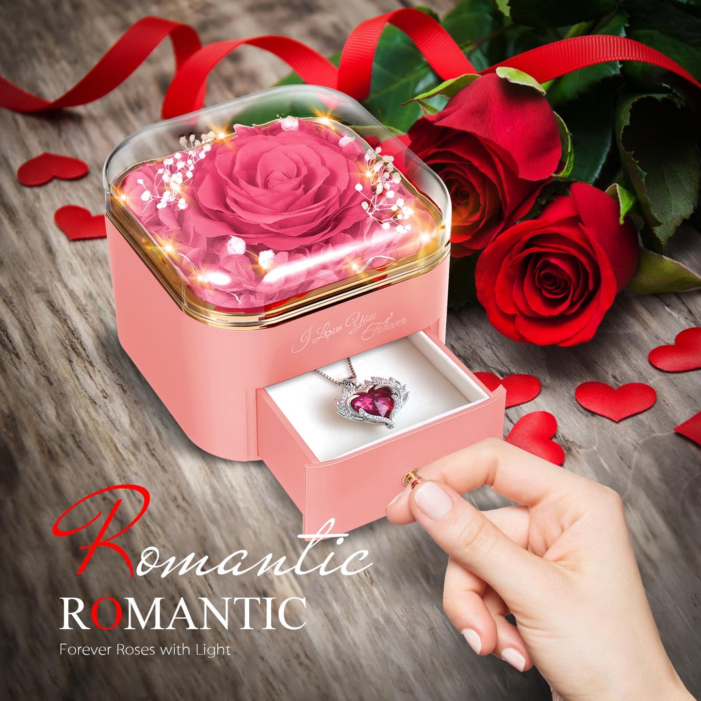 Preserved Eternal Rose Flower Gift Box with Necklace