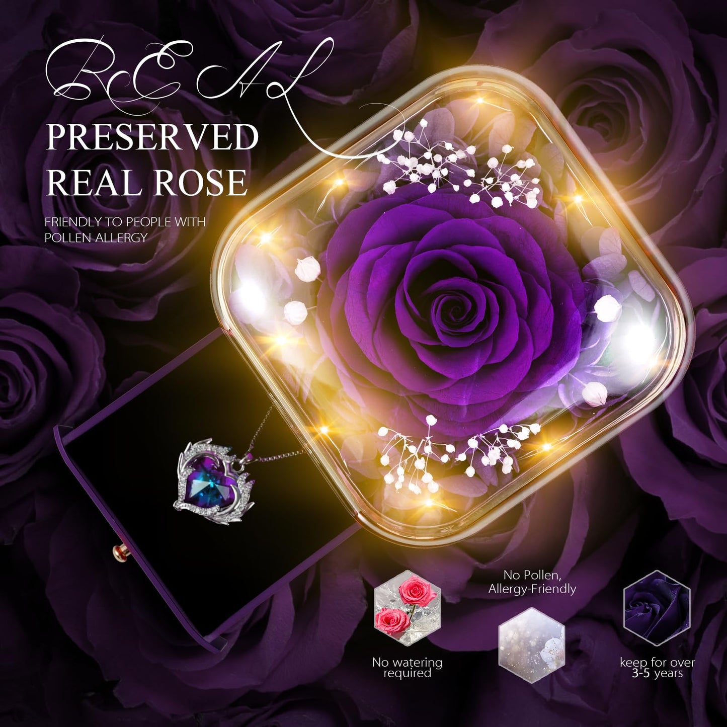 Preserved Eternal Rose Flower Gift Box with Necklace