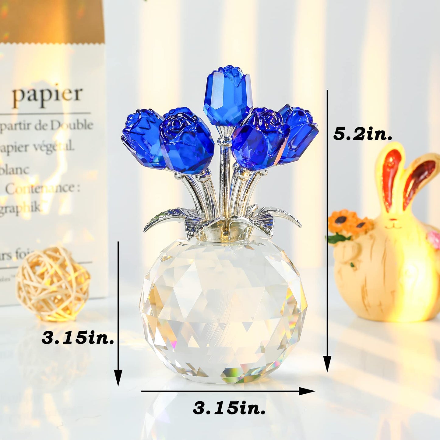 Crystal Blue Rose Flower Figurine with Round Vase