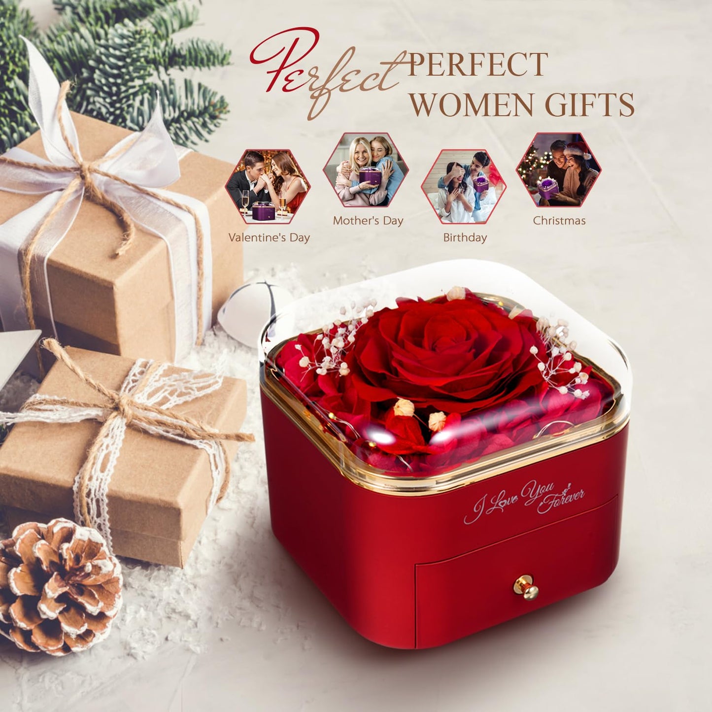 Preserved Eternal Rose Flower Gift Box with Necklace