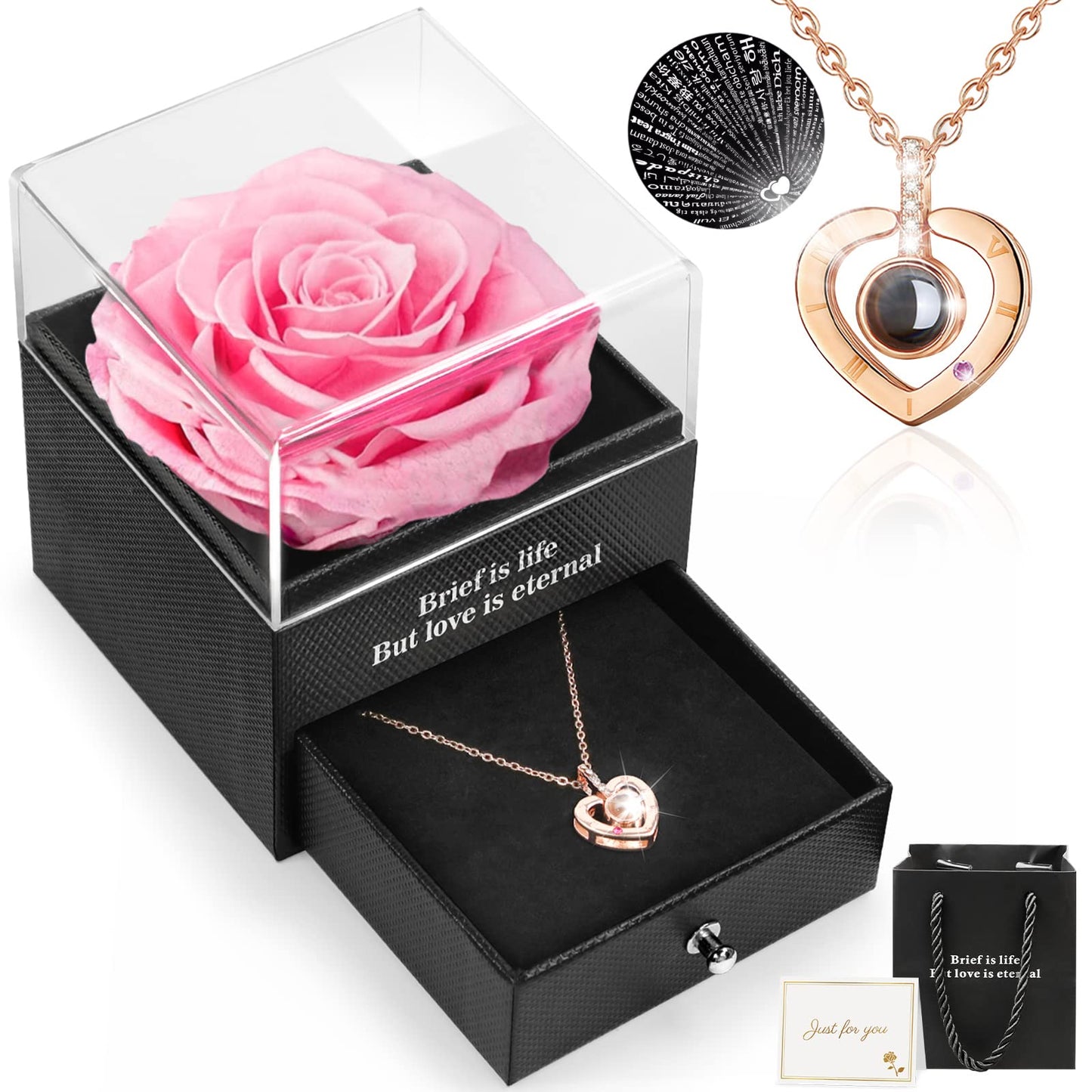 Eternal Rose with I Love You Necklace in 100 Languages