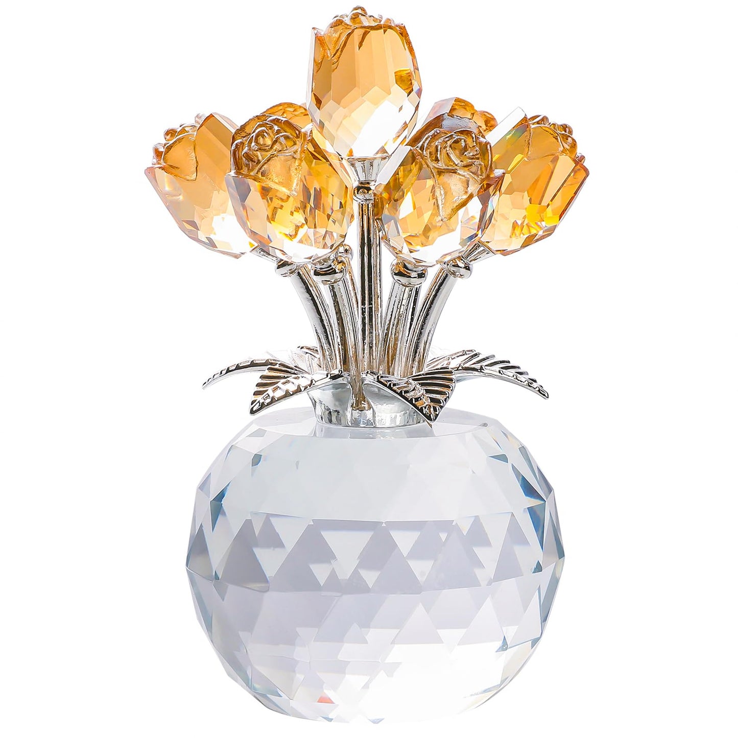 Crystal Blue Rose Flower Figurine with Round Vase