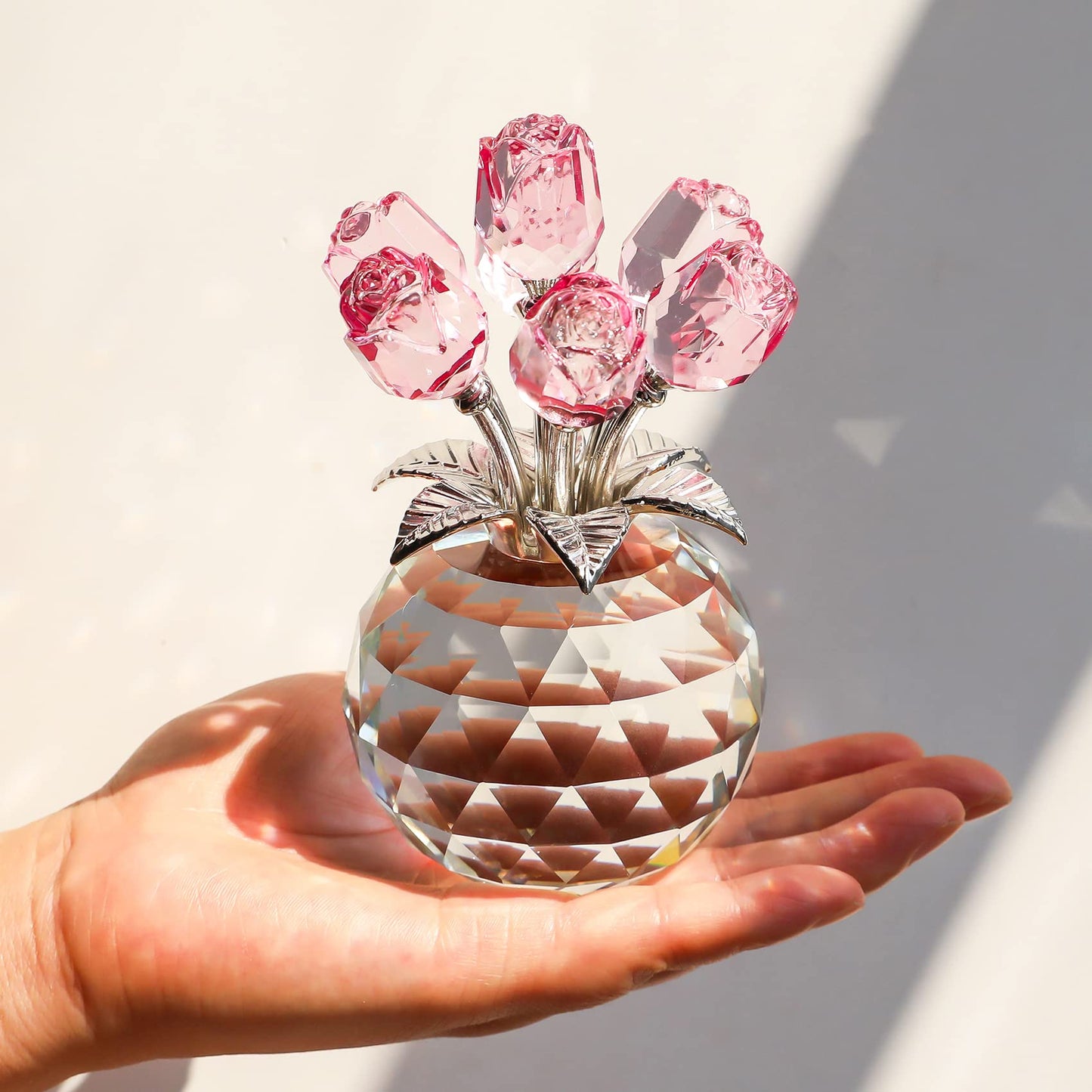 Crystal Blue Rose Flower Figurine with Round Vase