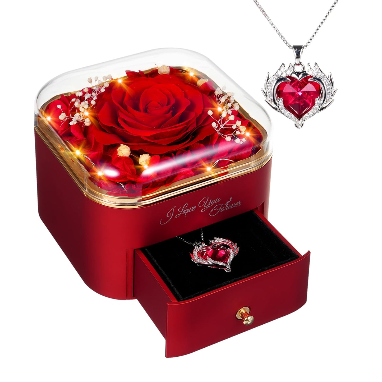 Preserved Eternal Rose Flower Gift Box with Necklace