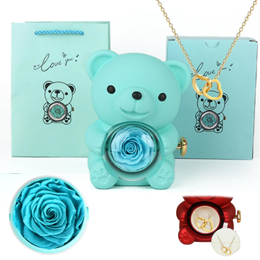 Preserved Real Rose & Bear Box with Heart Necklace