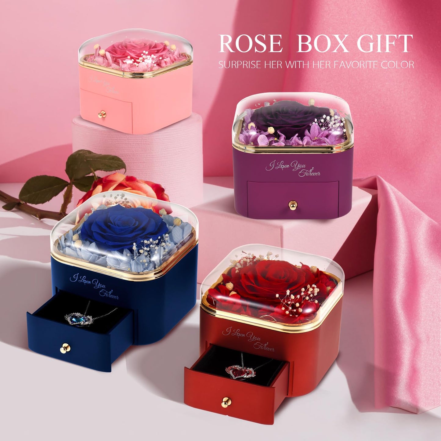 Preserved Eternal Rose Flower Gift Box with Necklace