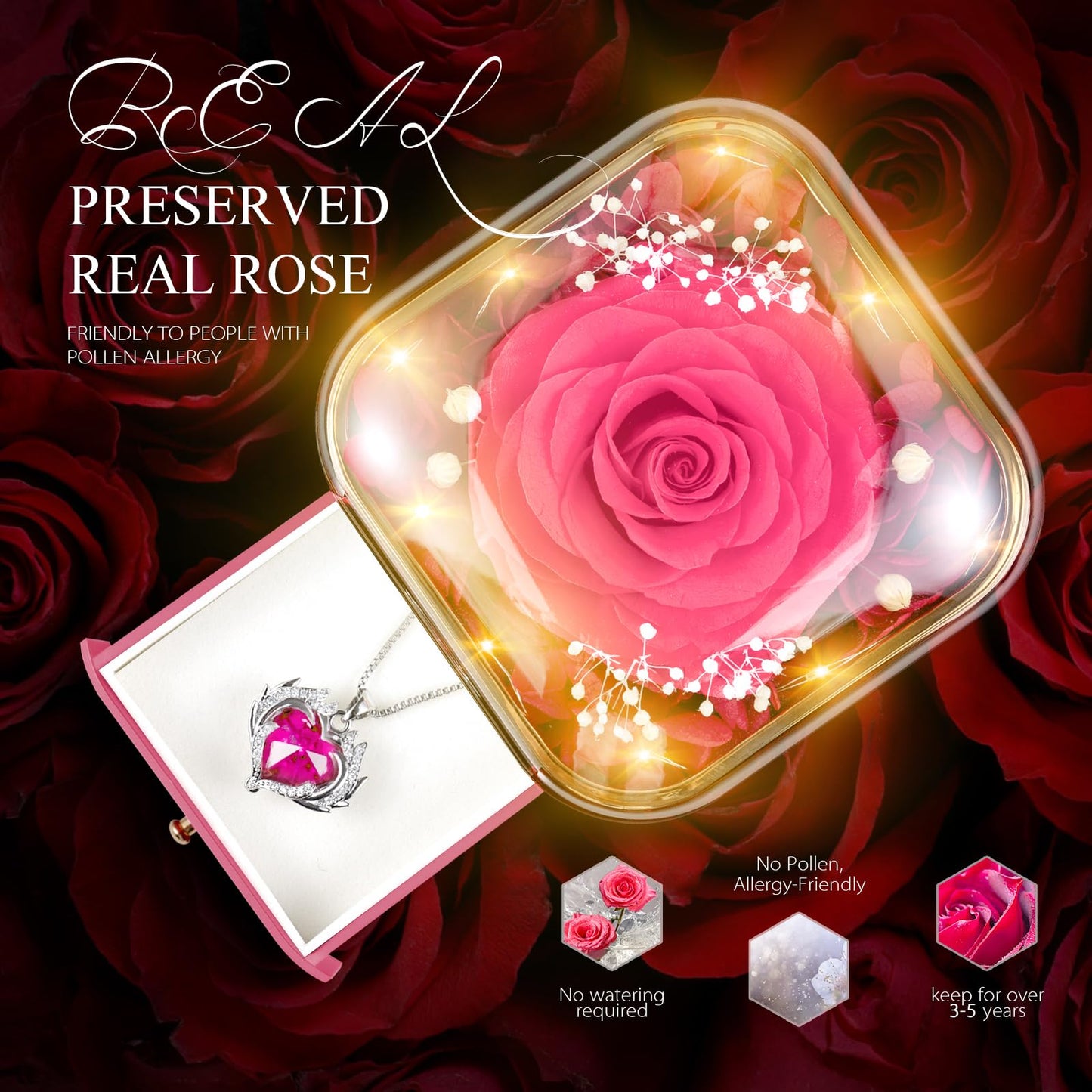 Preserved Eternal Rose Flower Gift Box with Necklace