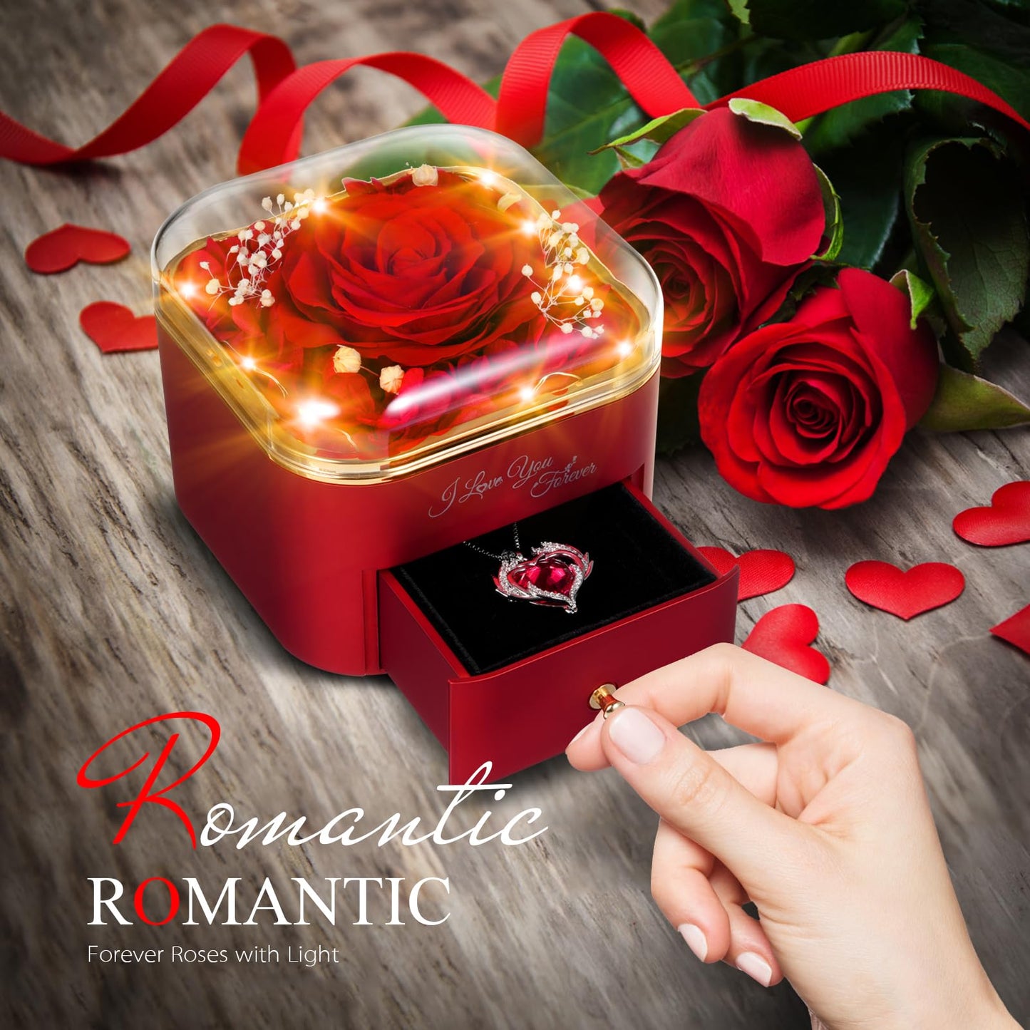 Preserved Eternal Rose Flower Gift Box with Necklace