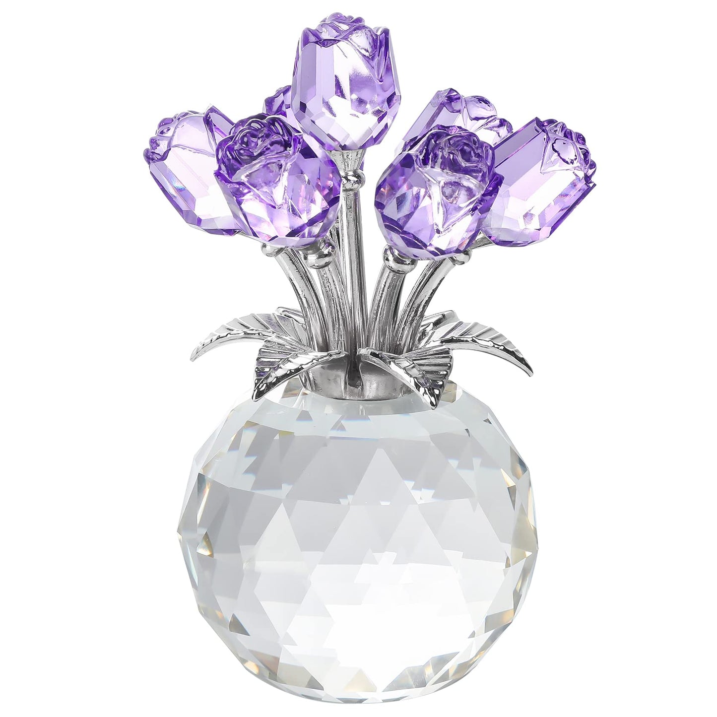 Crystal Blue Rose Flower Figurine with Round Vase