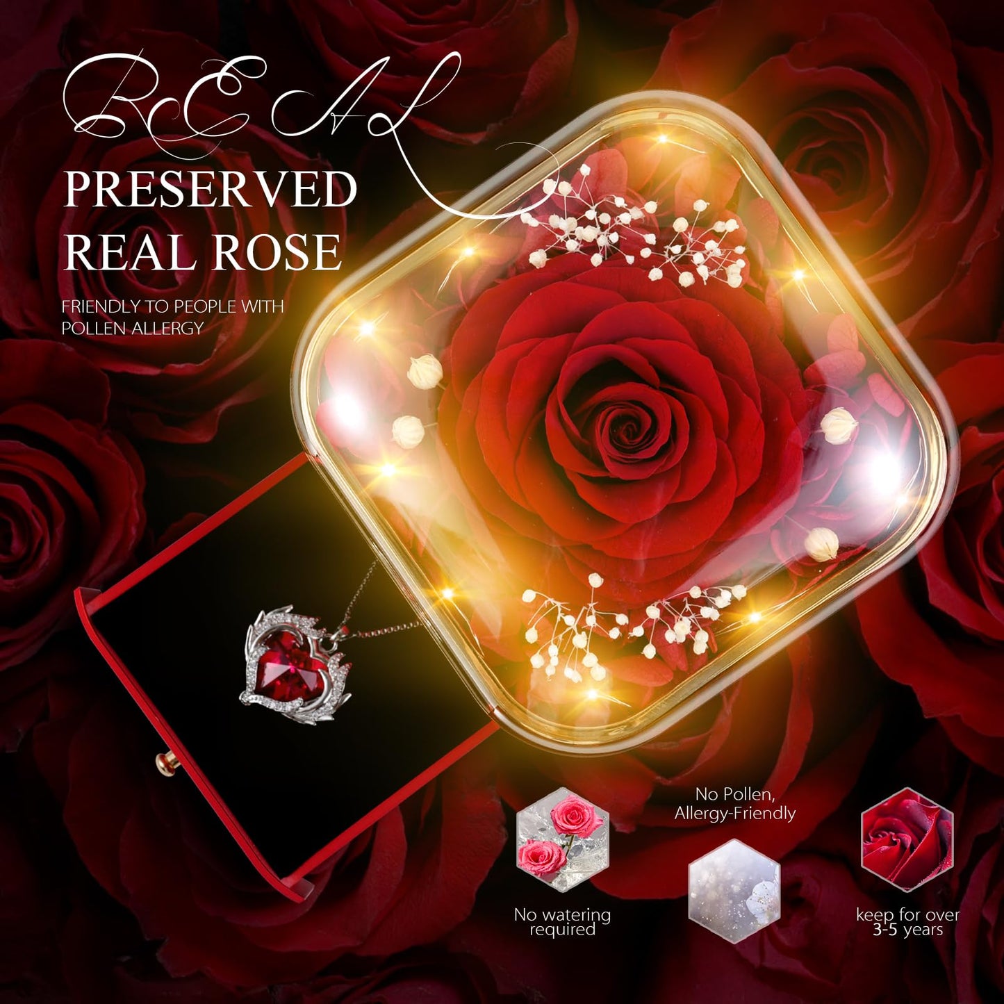 Preserved Eternal Rose Flower Gift Box with Necklace