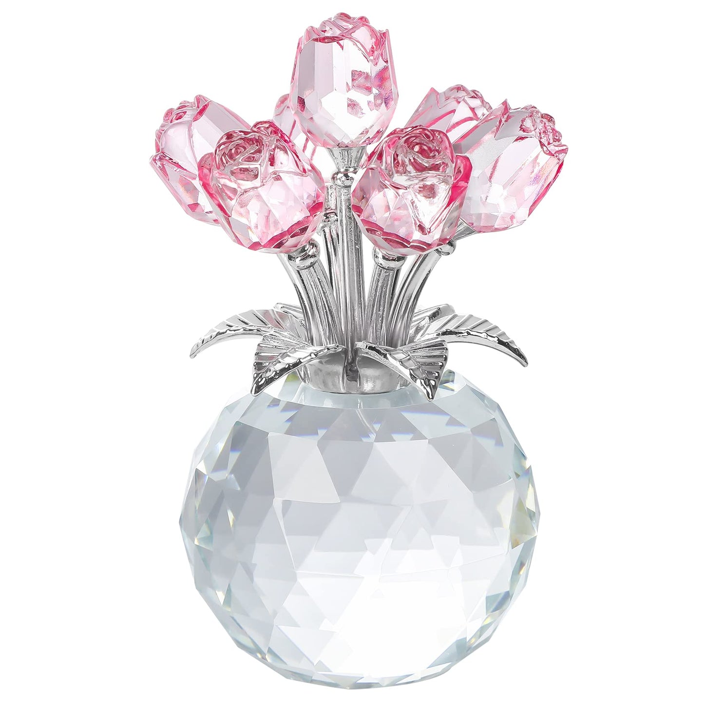 Crystal Blue Rose Flower Figurine with Round Vase