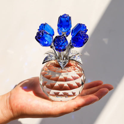 Crystal Blue Rose Flower Figurine with Round Vase