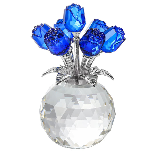 Crystal Blue Rose Flower Figurine with Round Vase