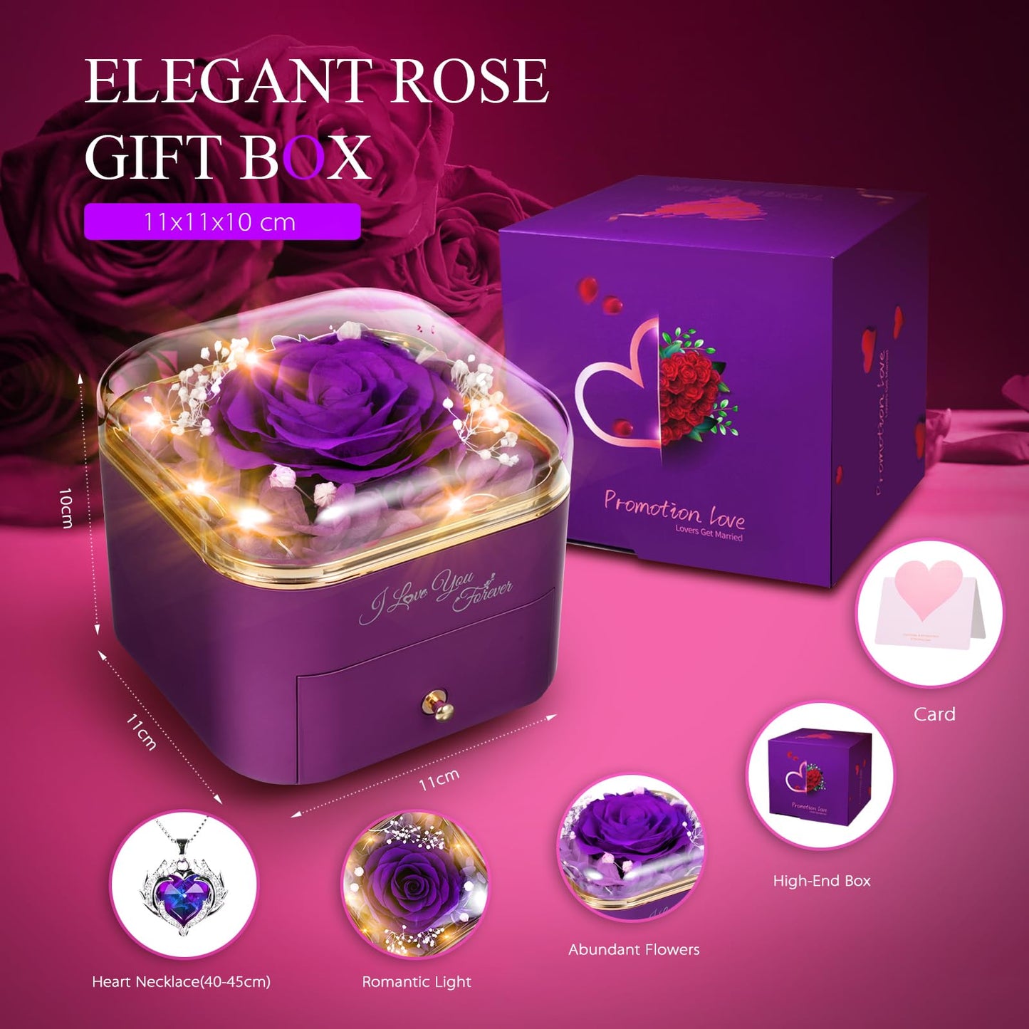 Preserved Eternal Rose Flower Gift Box with Necklace