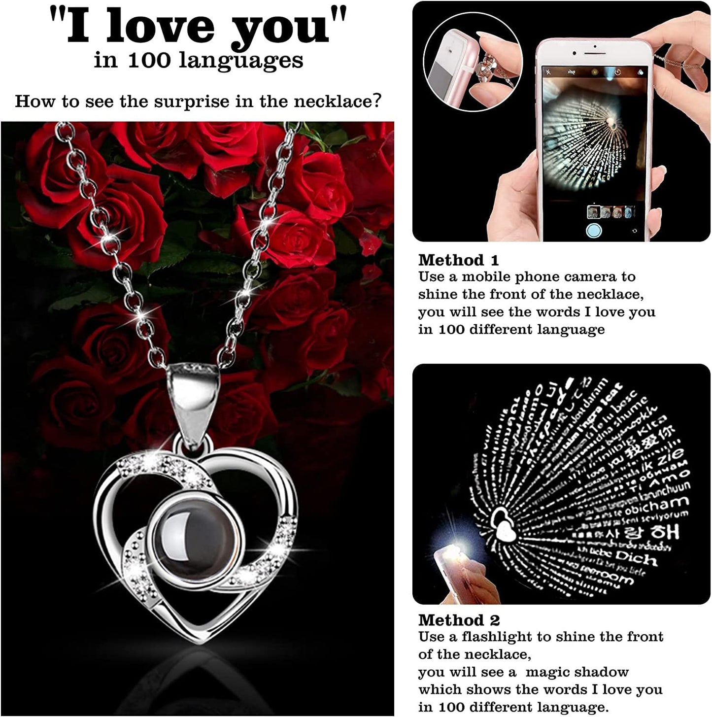 Preserved Rose Gifts with I Love You Necklace in 100 Languages