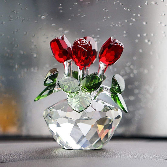 H&D Spring Bouquet Crystal Glass Flowers Red Rose Figurine