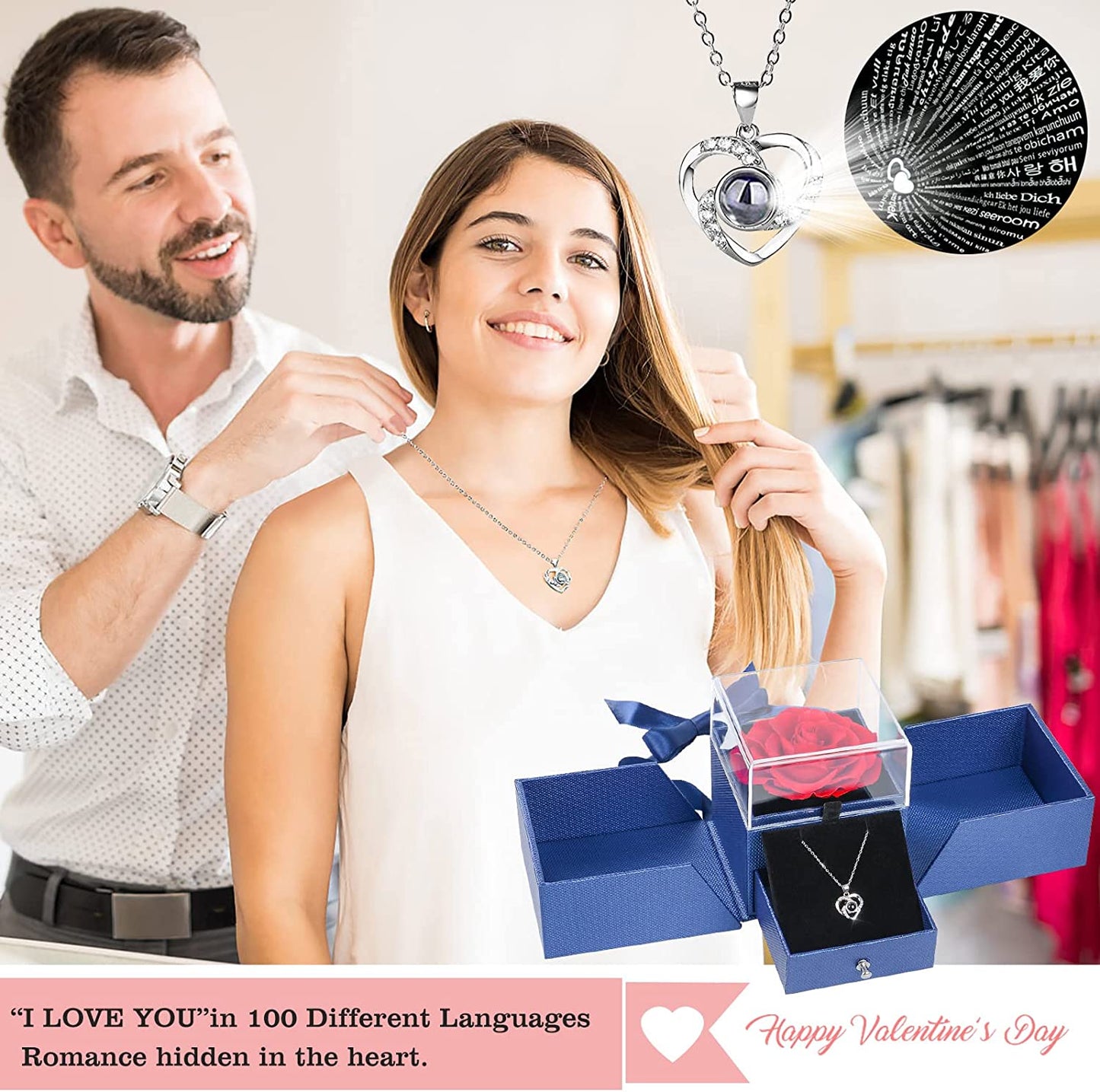 Preserved Rose Gifts with I Love You Necklace in 100 Languages