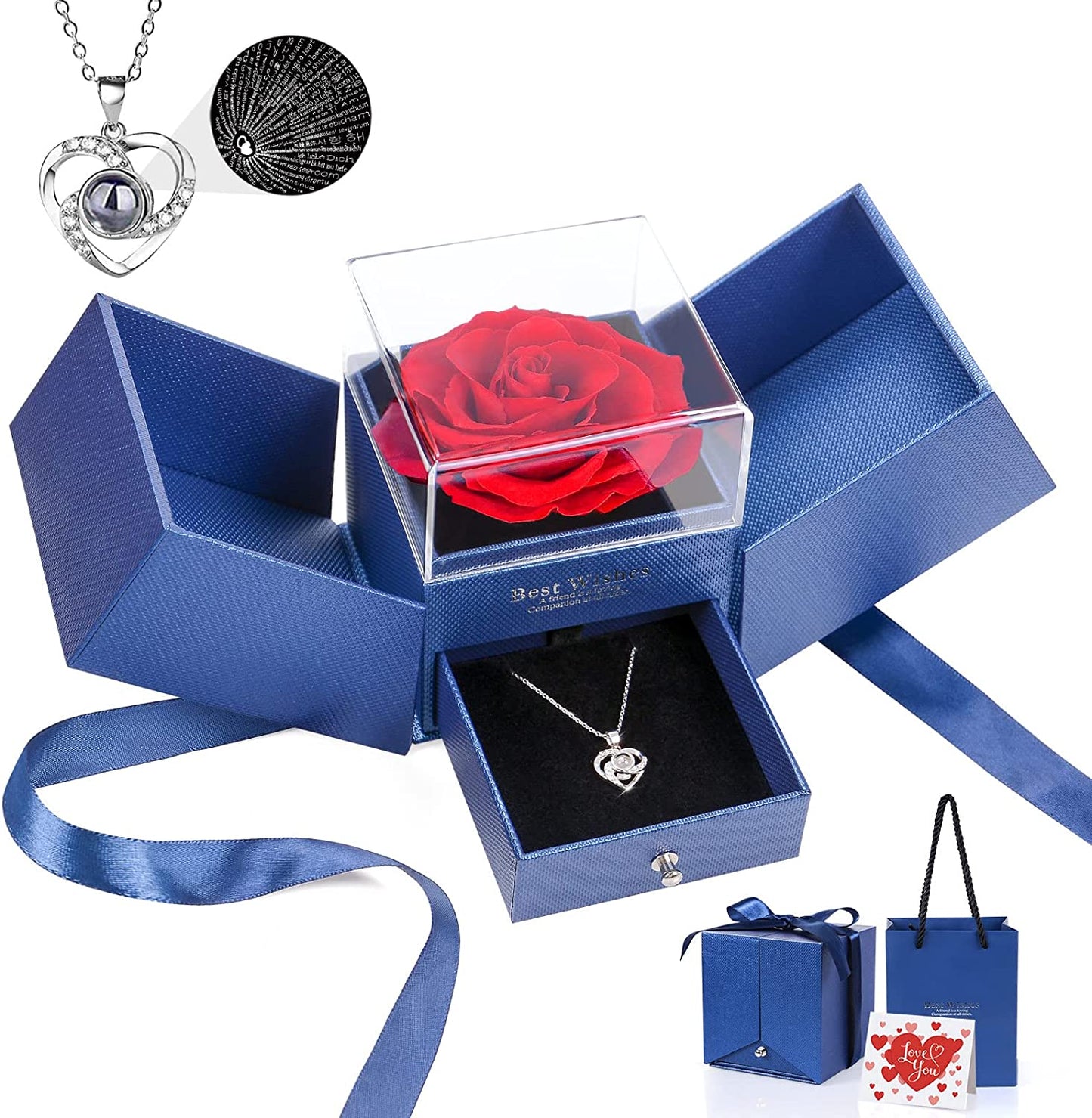 Preserved Rose Gifts with I Love You Necklace in 100 Languages